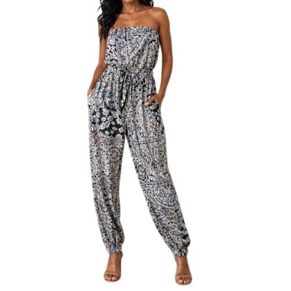Ambiance Apparel Women's L Paisley Print Strapless Jumpsuit Boho Lightweight
